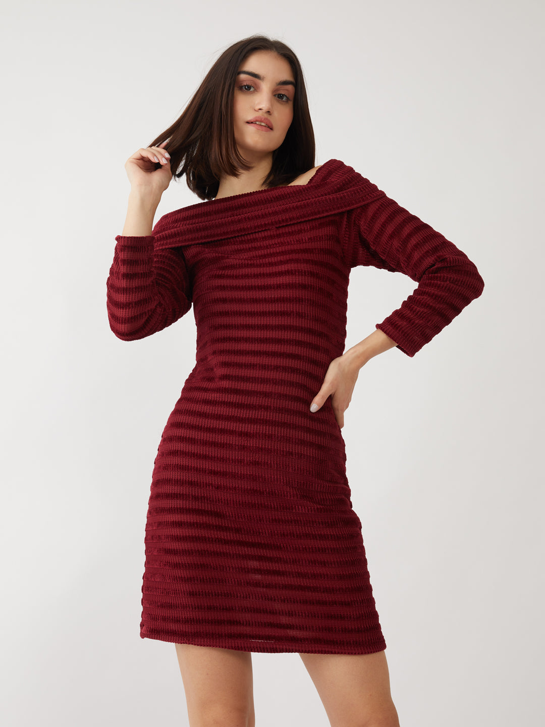 Maroon Solid Off-shoulder Short Dress