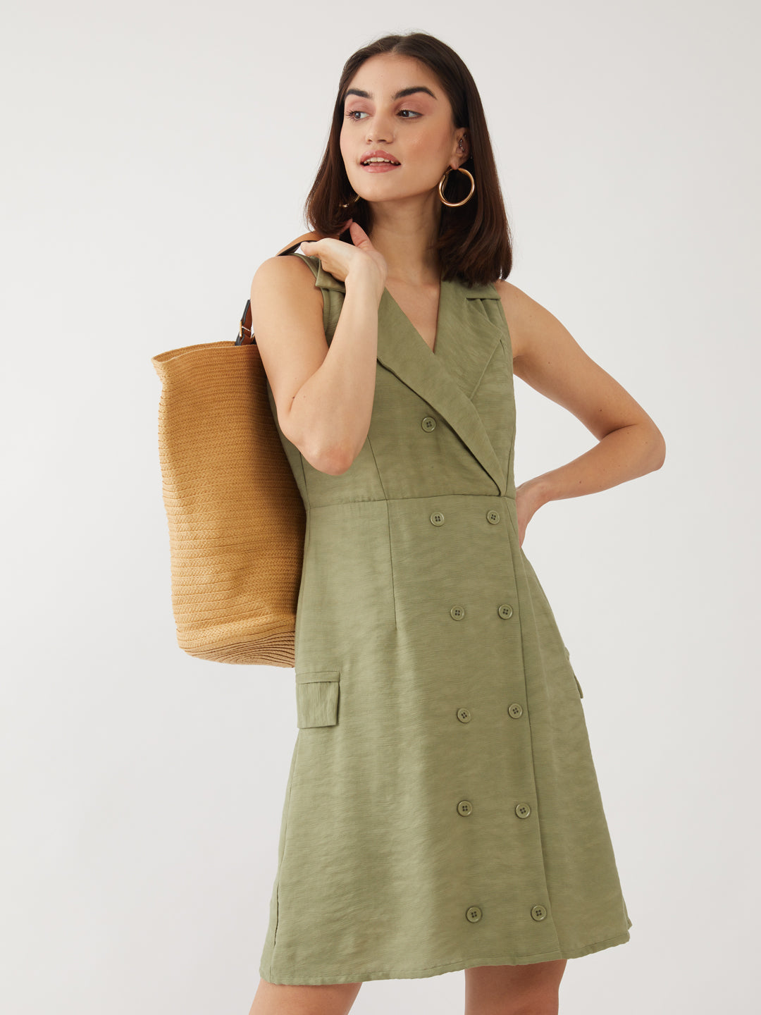 Green Solid Short Dress