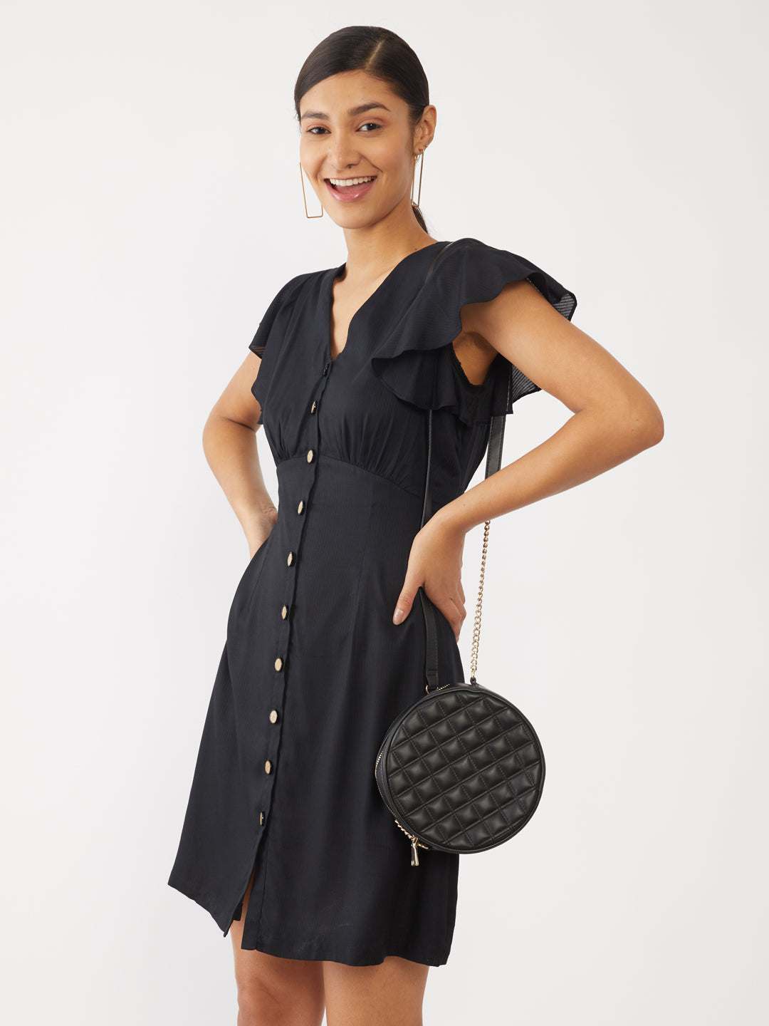 Black Solid Flared Sleeve Short Dress