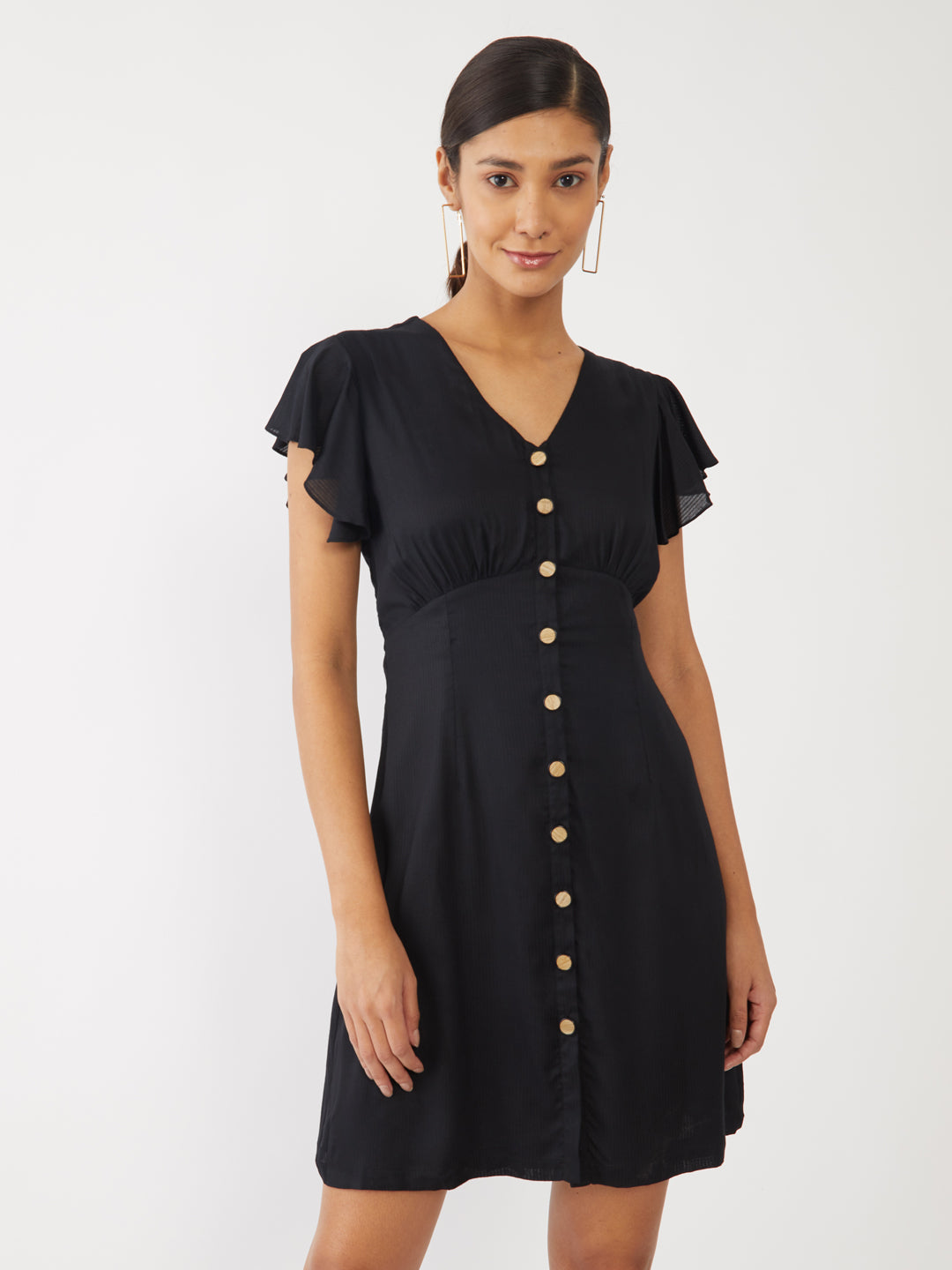 Black Solid Flared Sleeve Short Dress