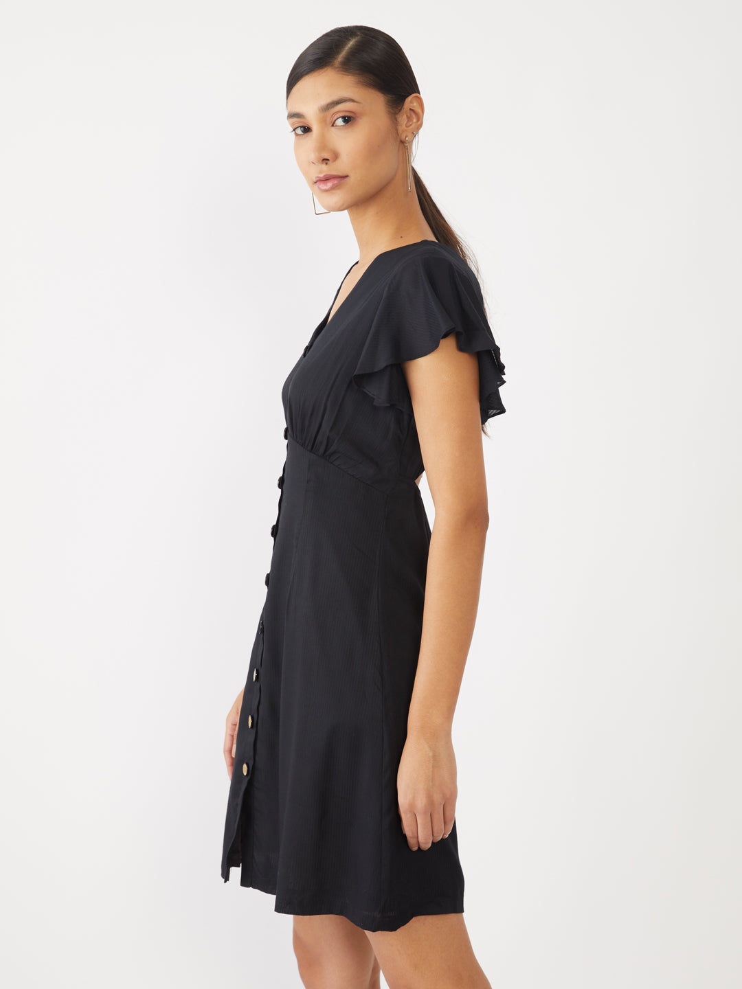 Black Solid Flared Sleeve Short Dress For Women