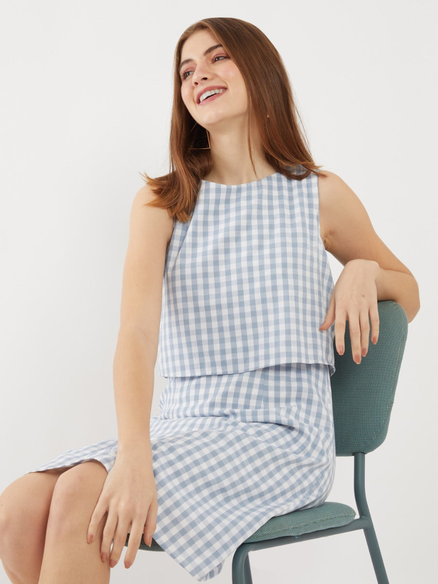 Blue Checked Layered Short Dress