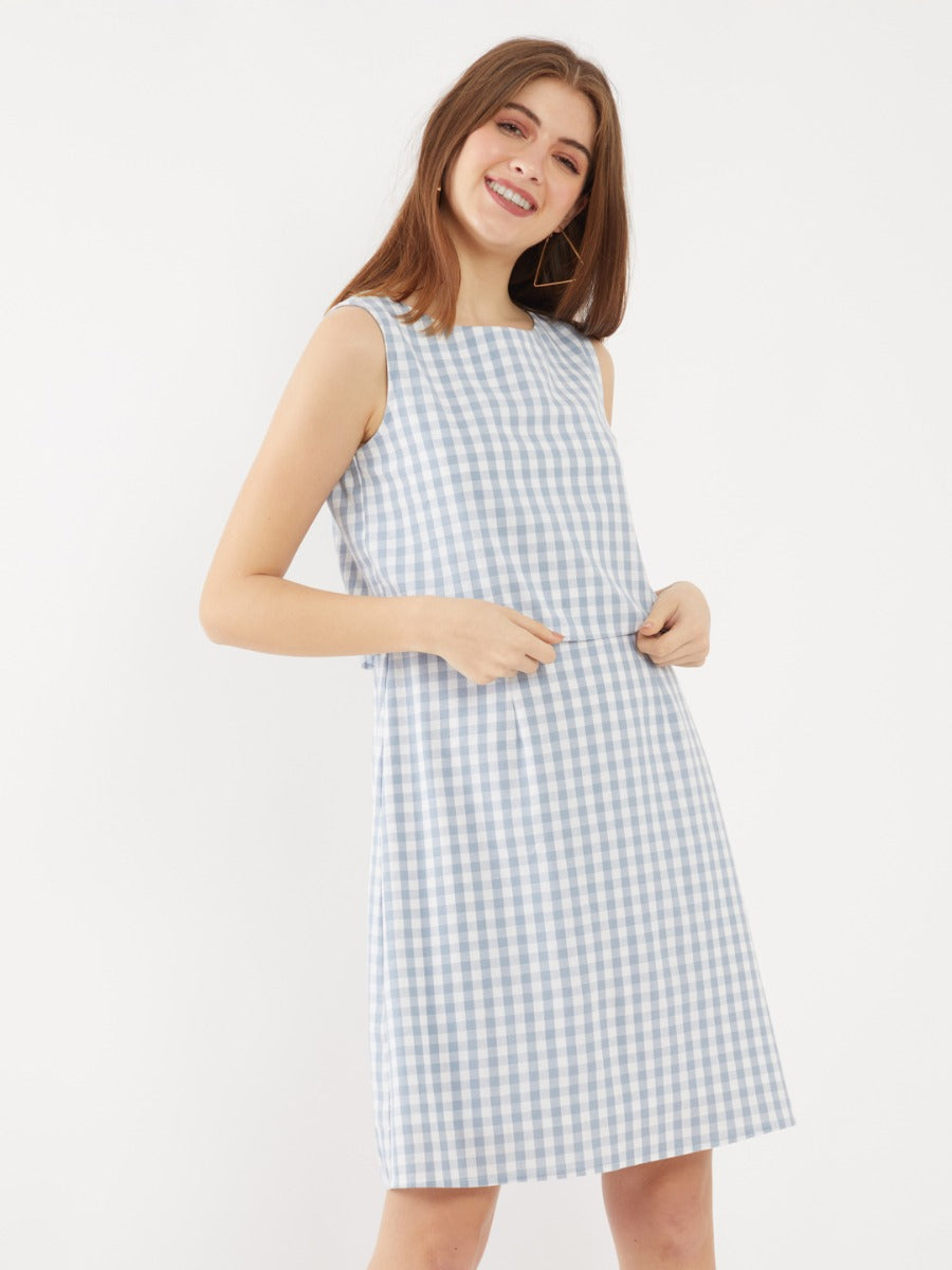 Blue Checked Layered Short Dress