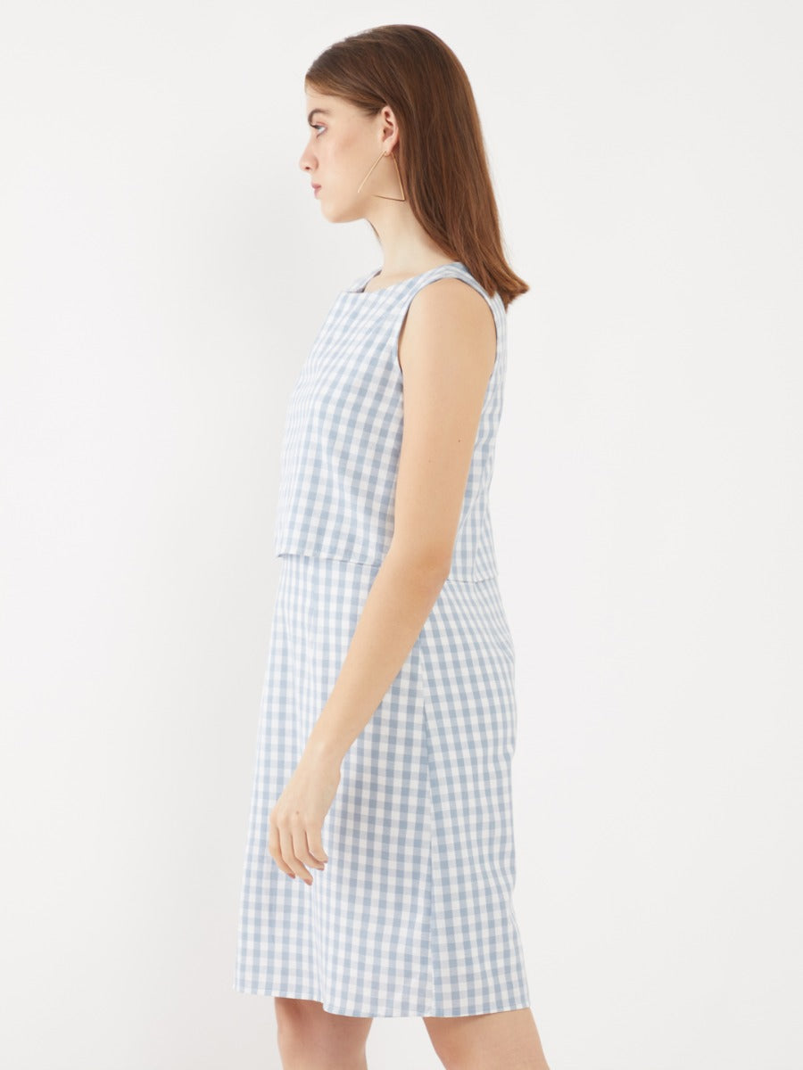 Blue Checked Layered Short Dress