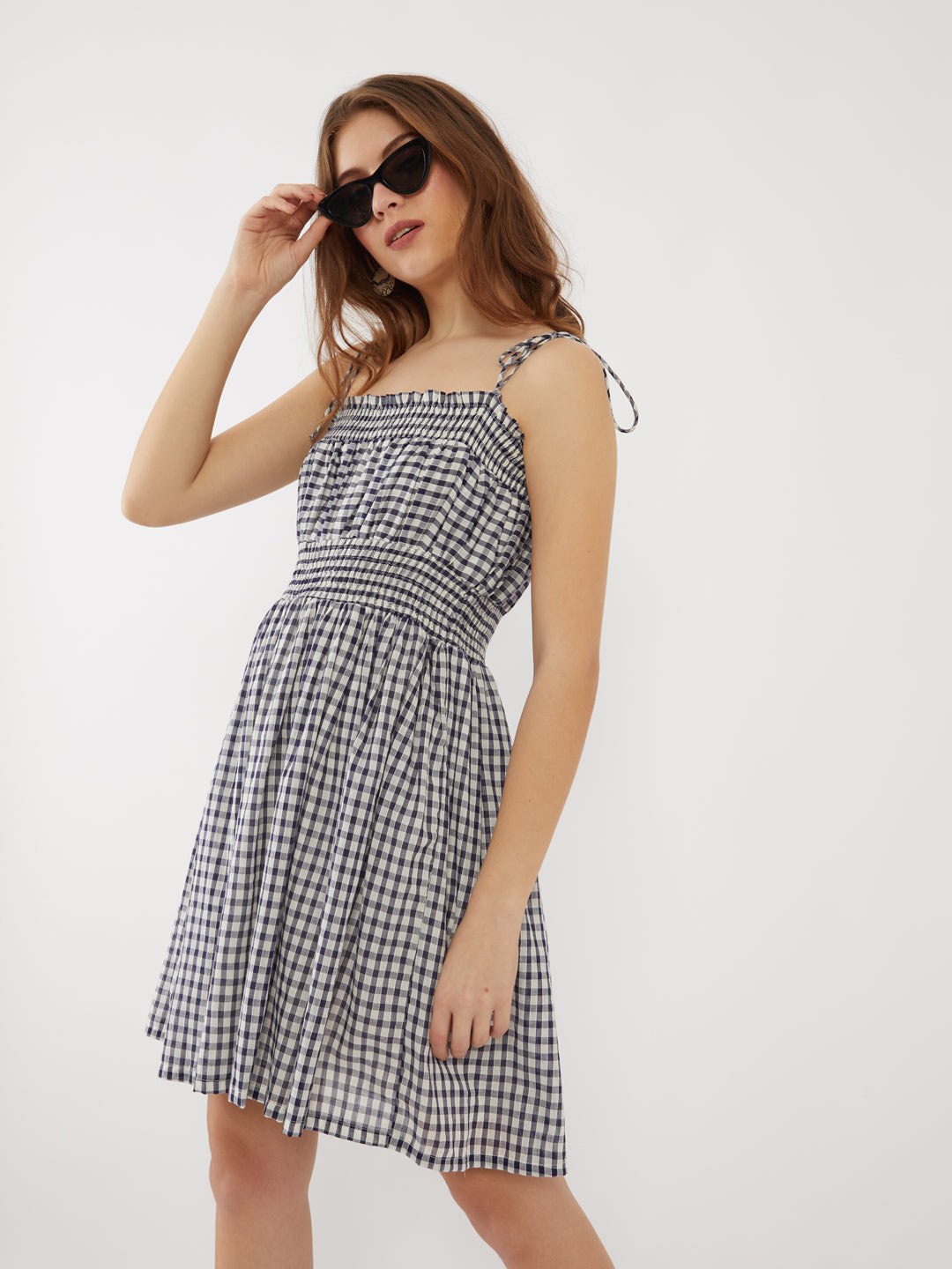 Navy Checked Tie-Up Short Dress