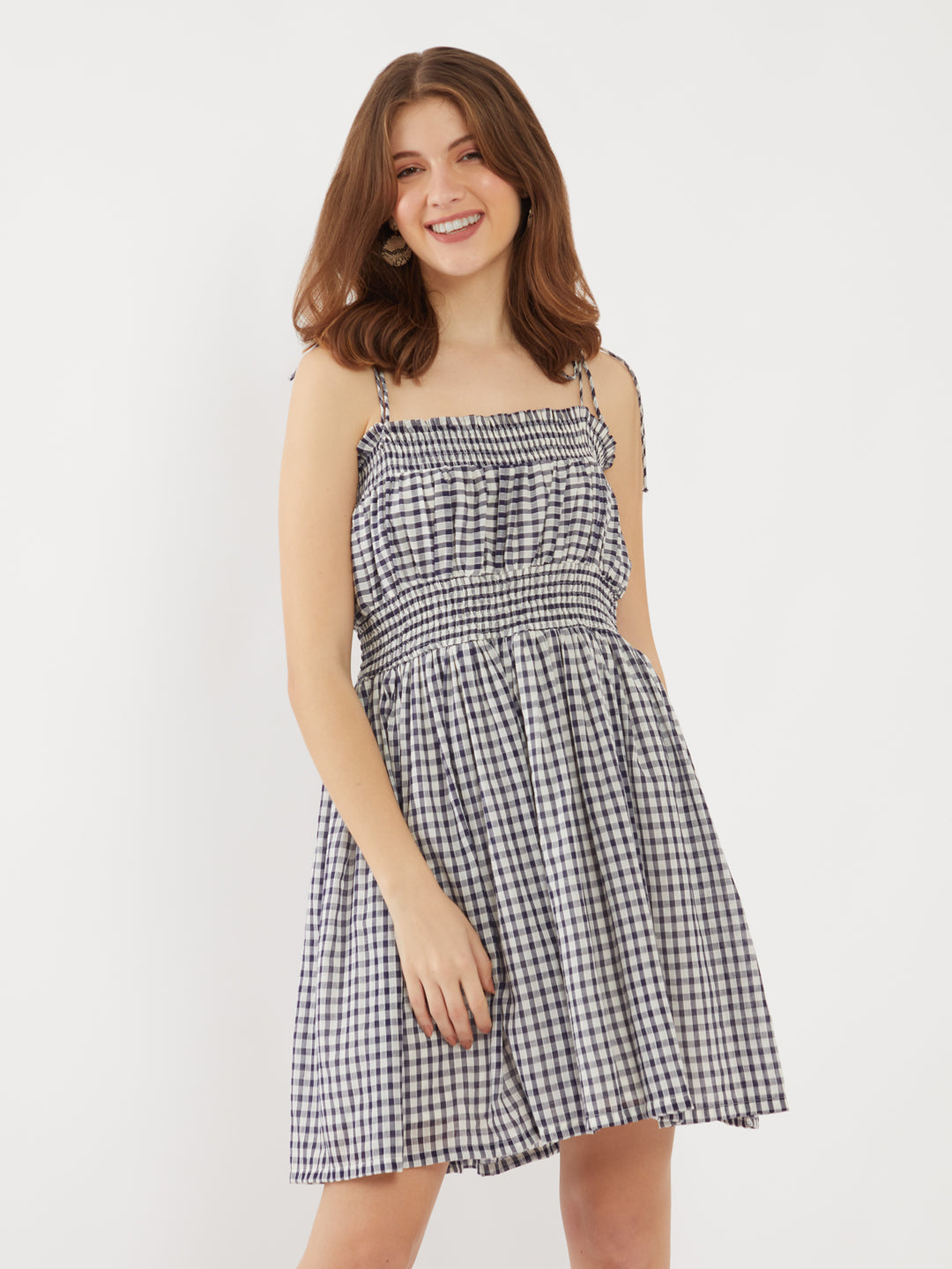 Navy Checked Tie-Up Short Dress