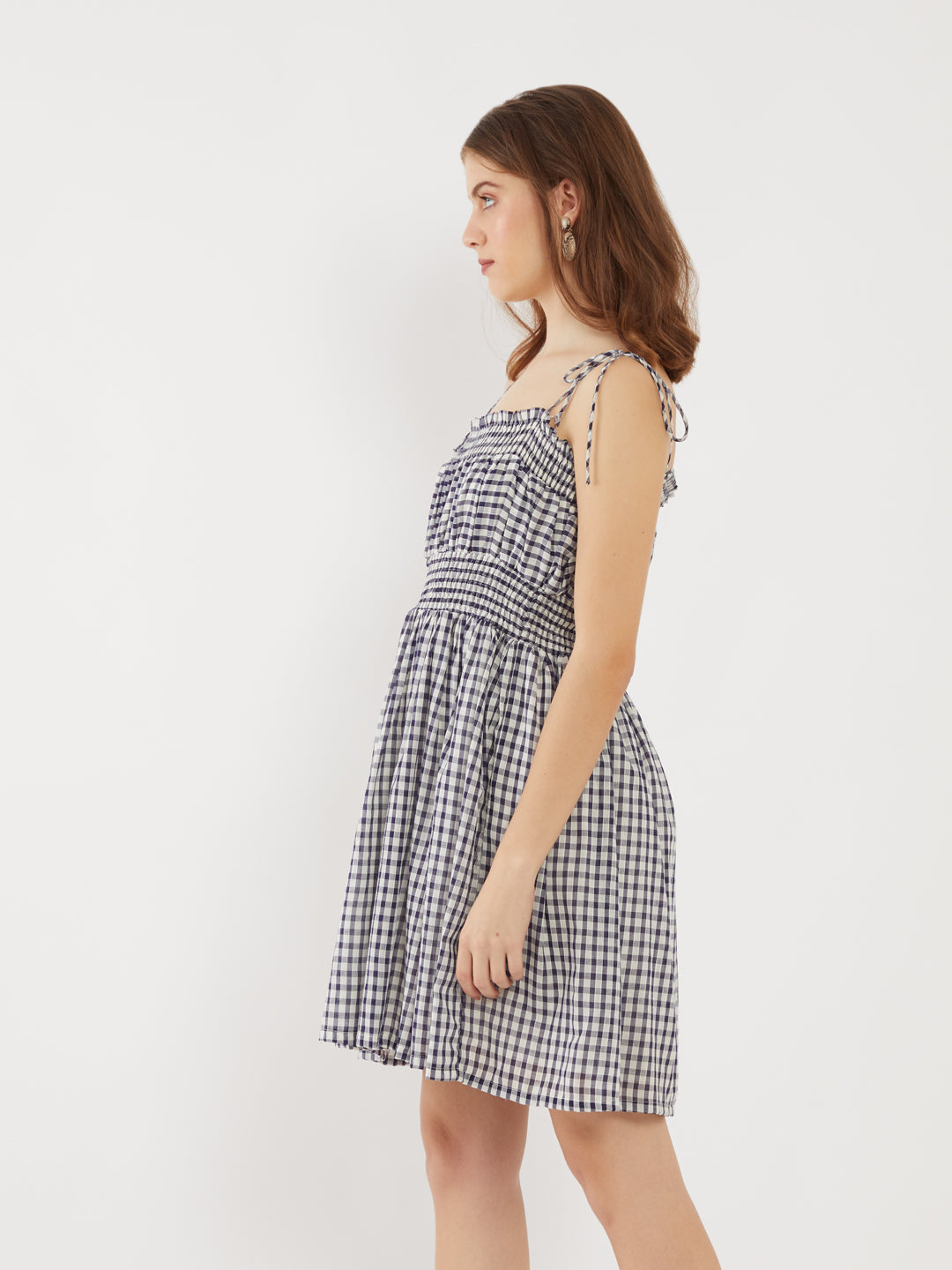 Navy Checked Tie-Up Short Dress