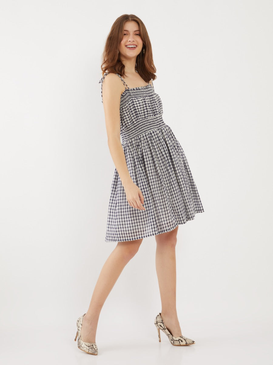 Navy Checked Tie-Up Short Dress