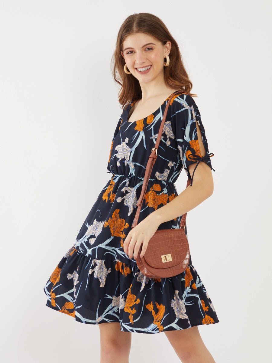 Navy Printed Tie-Up Short Dress