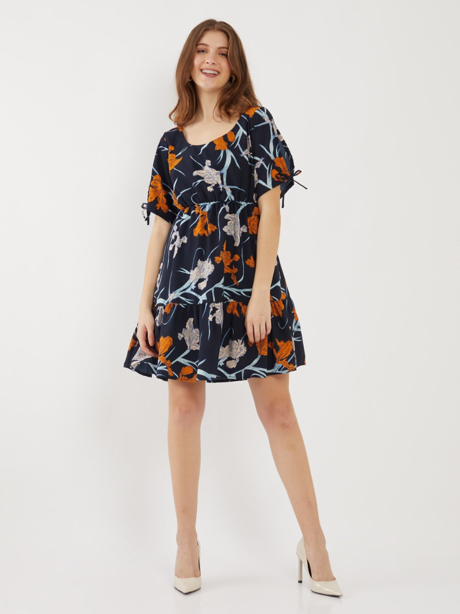Navy Printed Tie-Up Short Dress