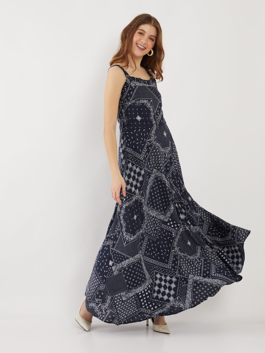 Navy Printed Strappy Maxi