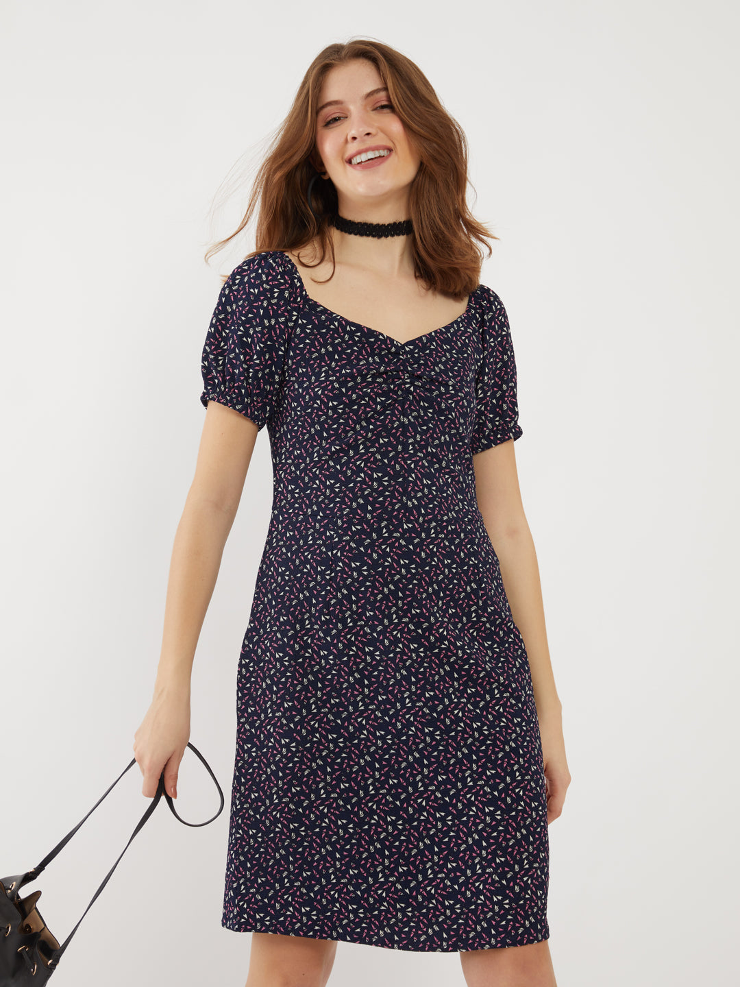 Navy Printed Puff Sleeve Short Dress