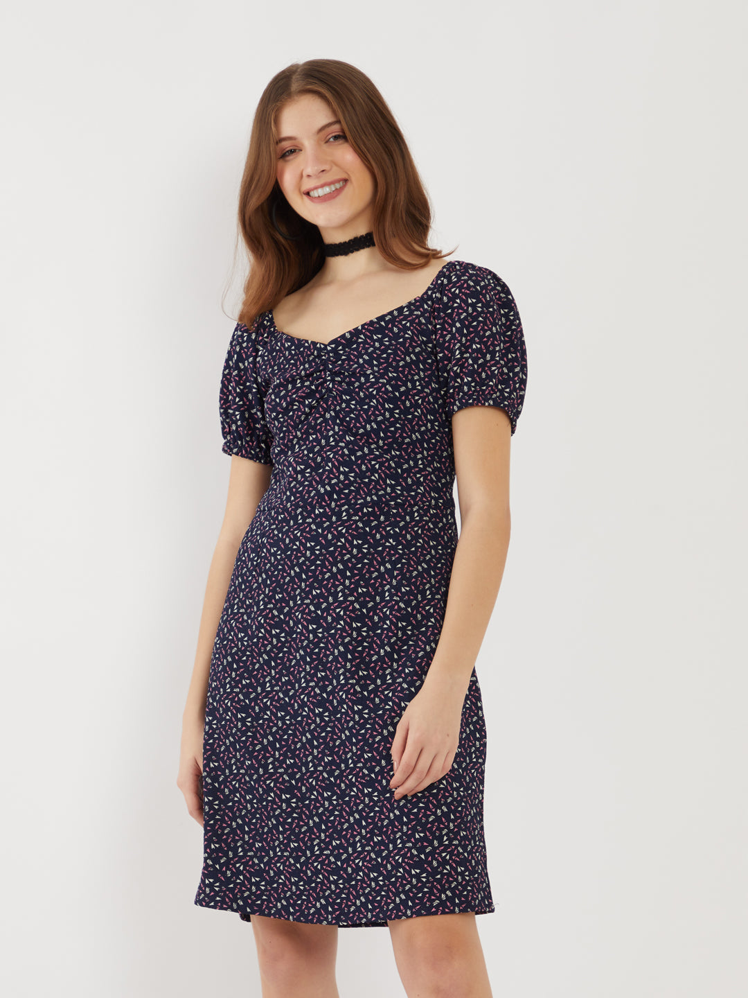 Navy Printed Puff Sleeve Short Dress