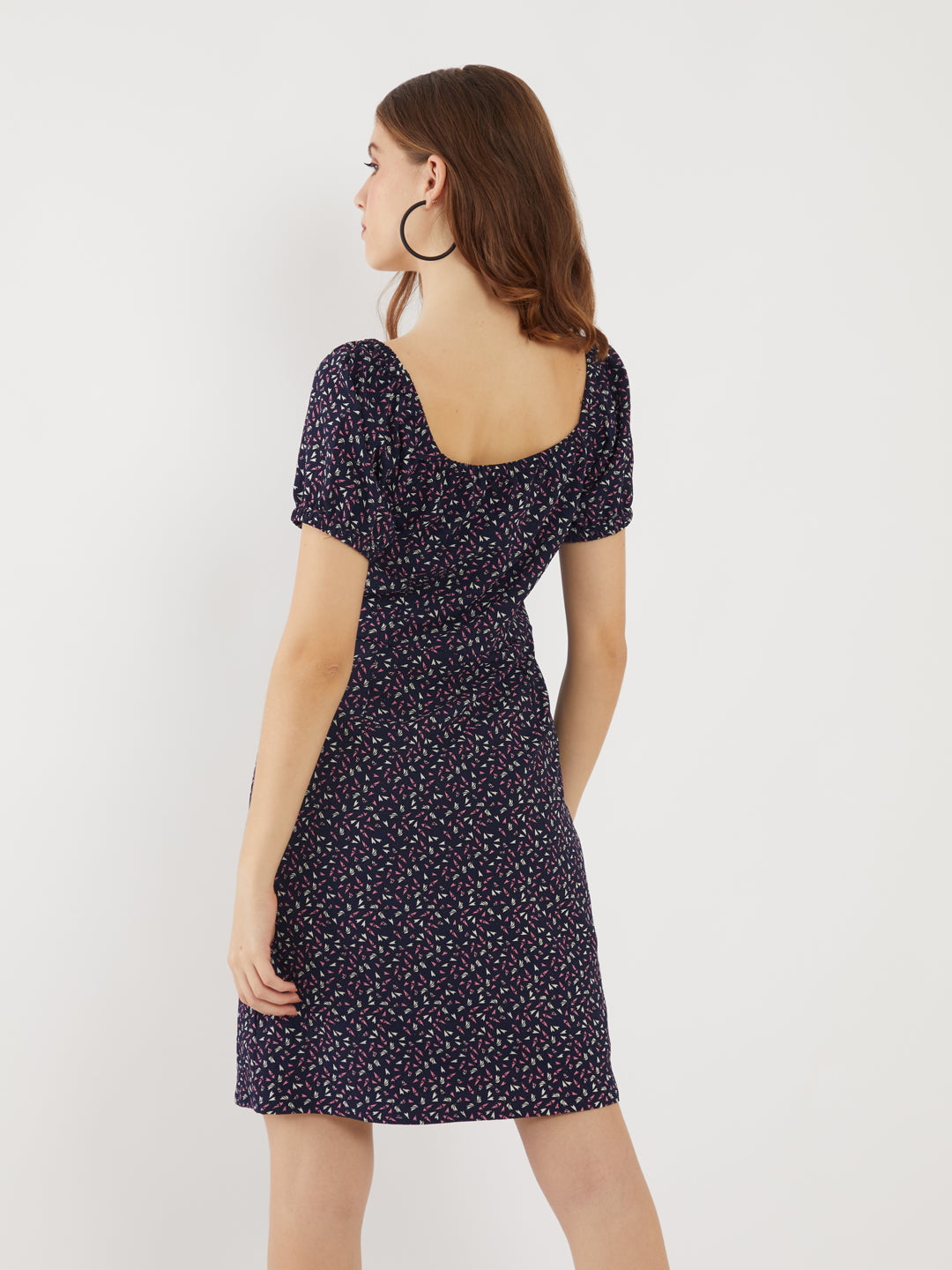 Navy Printed Puff Sleeve Short Dress