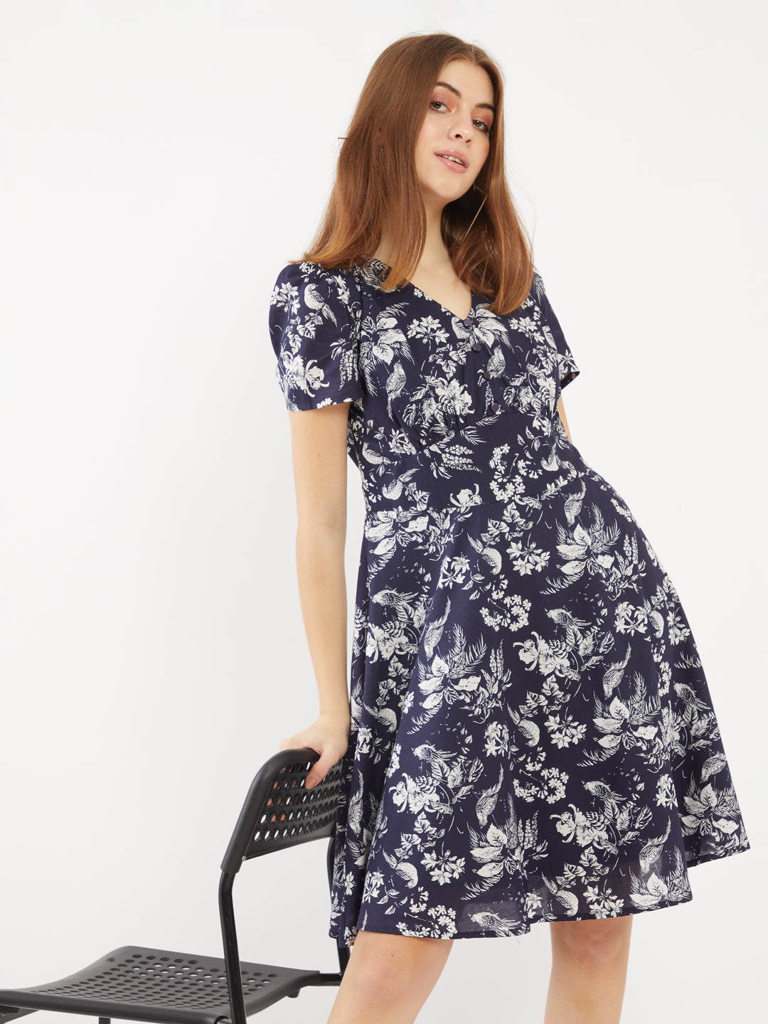 Blue Printed Puff Sleeve Short Dress