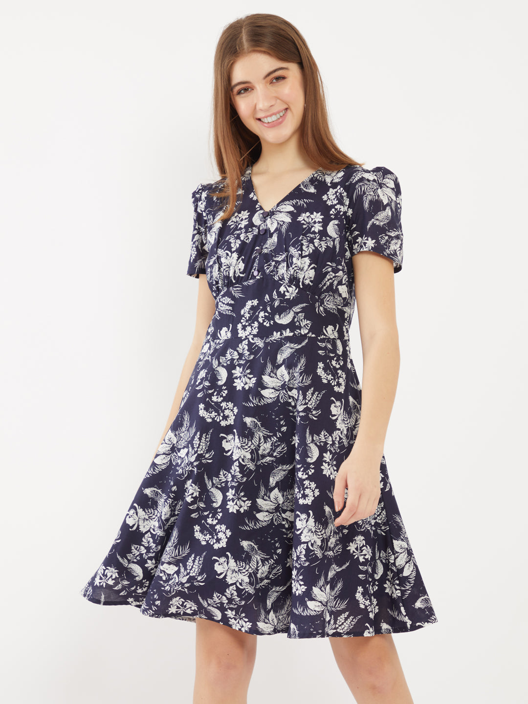 Blue Printed Puff Sleeve Short Dress