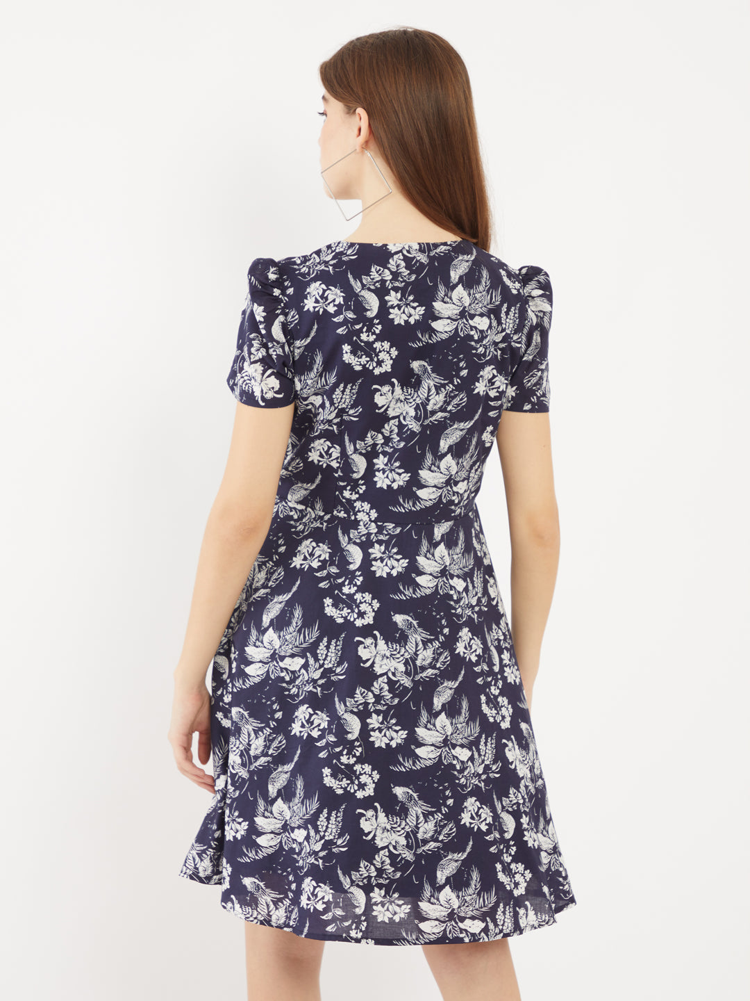 Blue Printed Puff Sleeve Short Dress