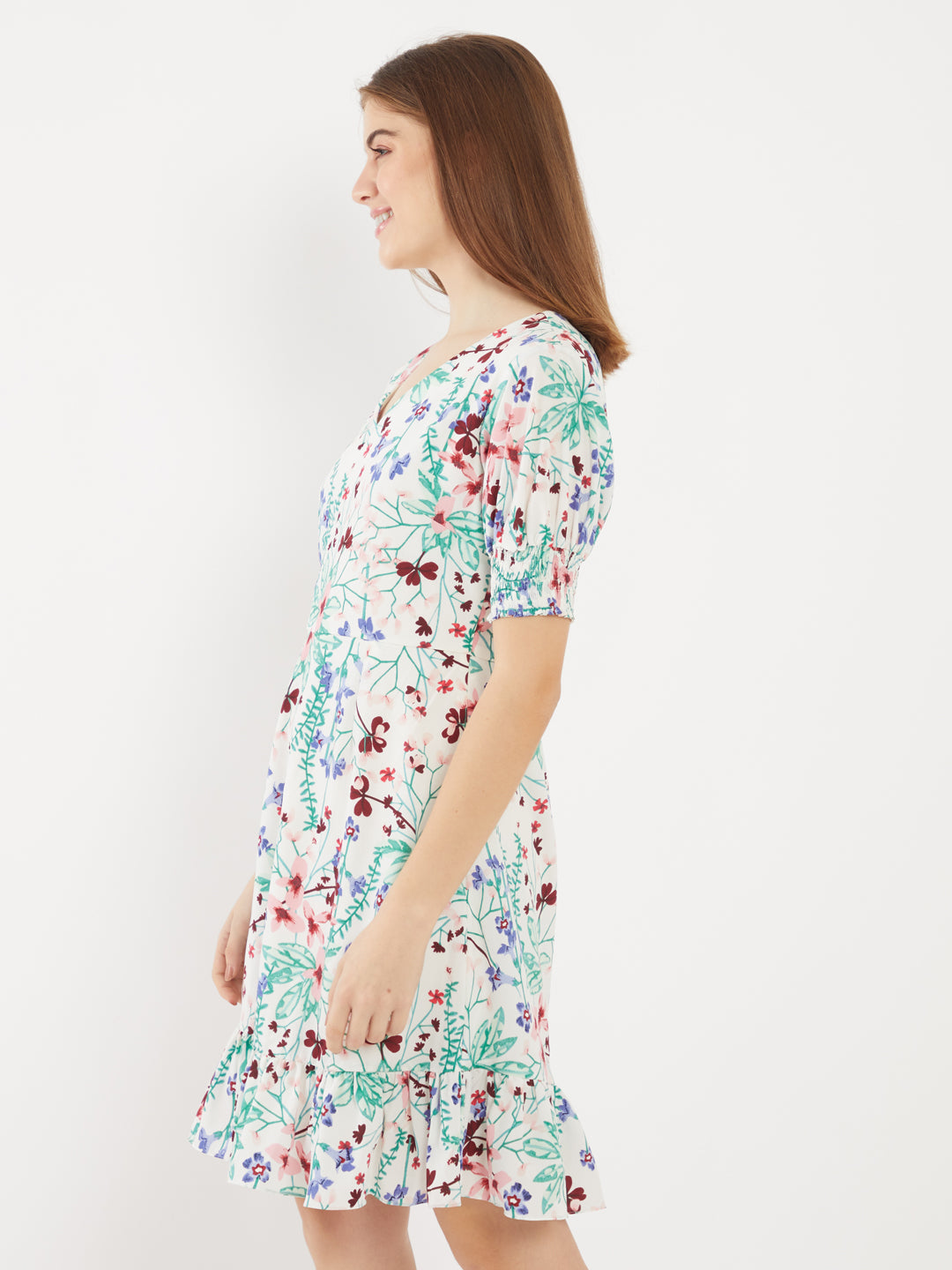 White Printed Puff Sleeve Short Dress