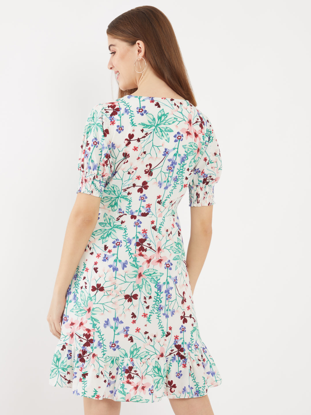 White Printed Puff Sleeve Short Dress