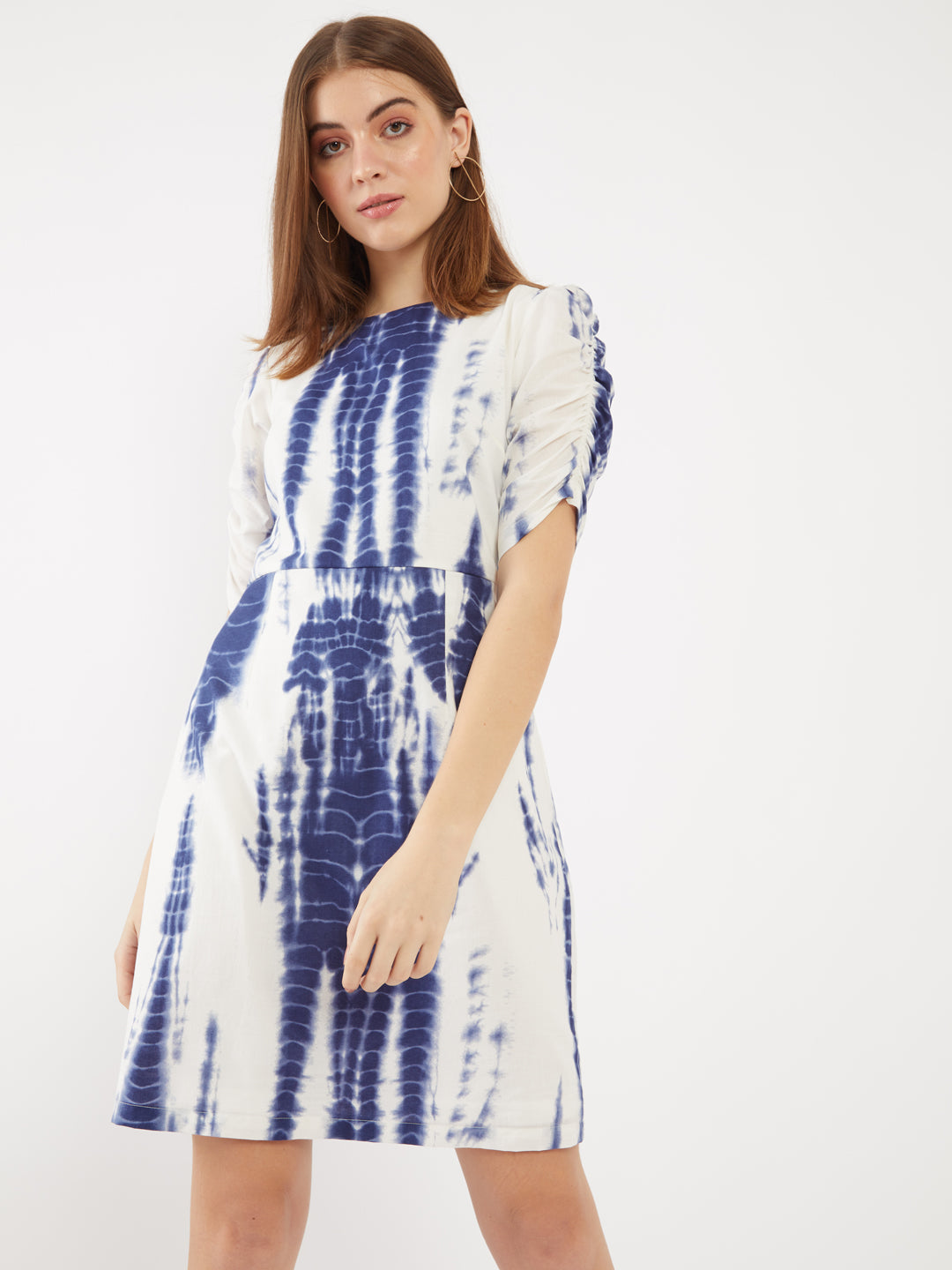 Blue Printed Puff Sleeve Short Dress