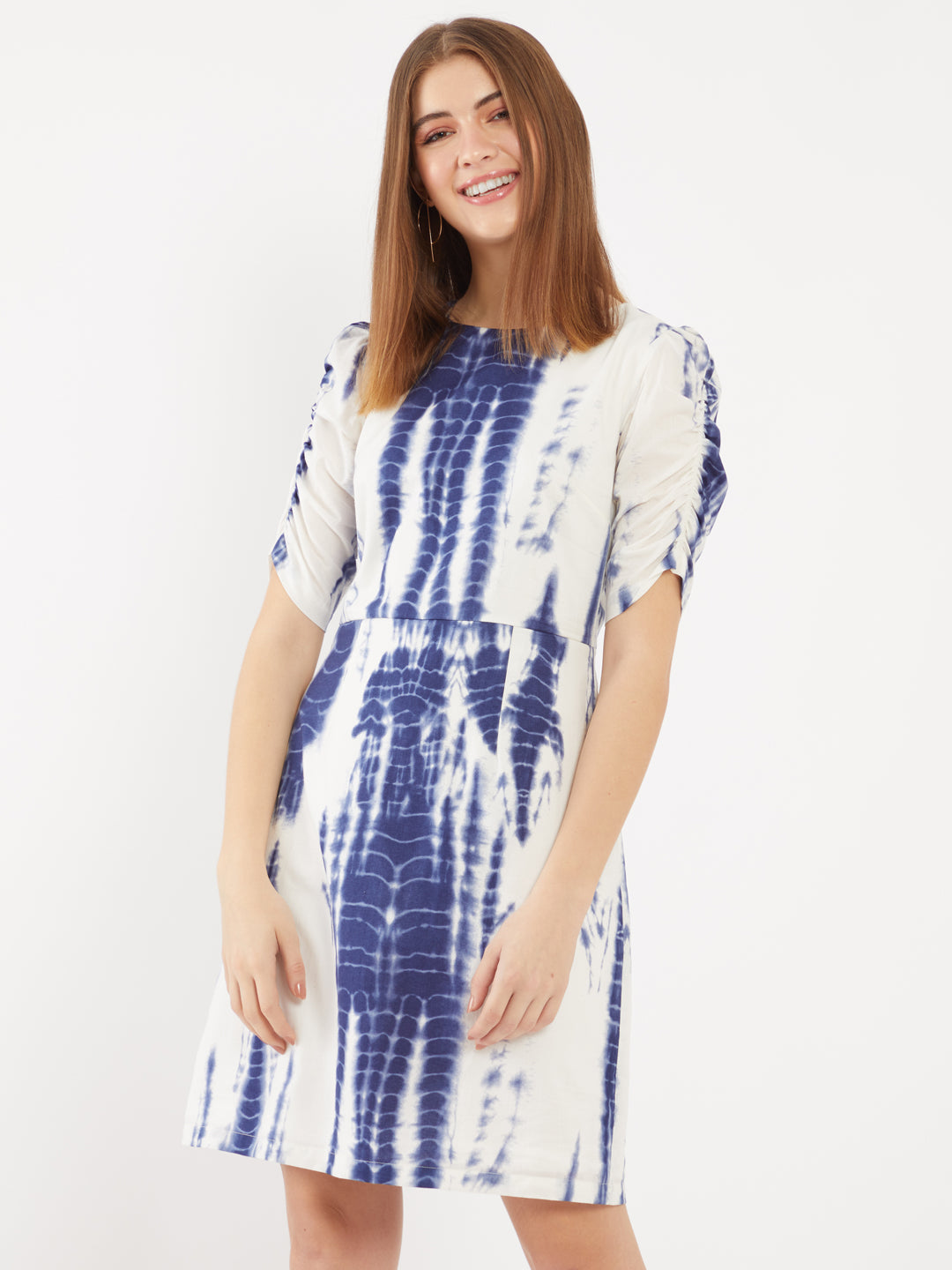 Blue Printed Puff Sleeve Short Dress