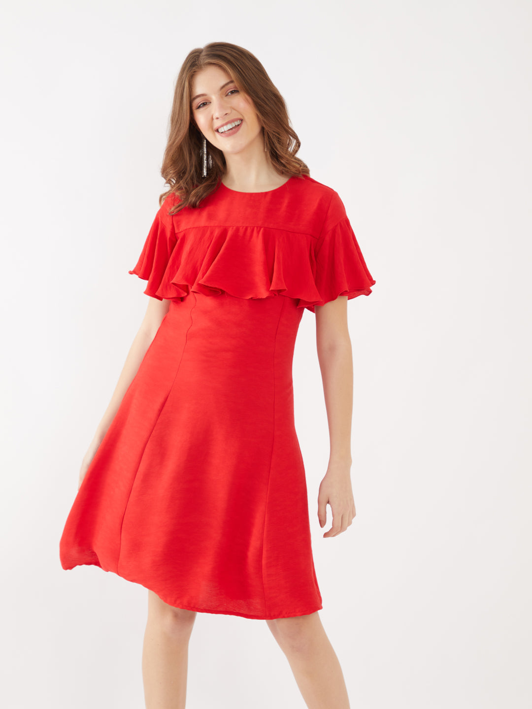 Red Solid Ruffled Short Dress