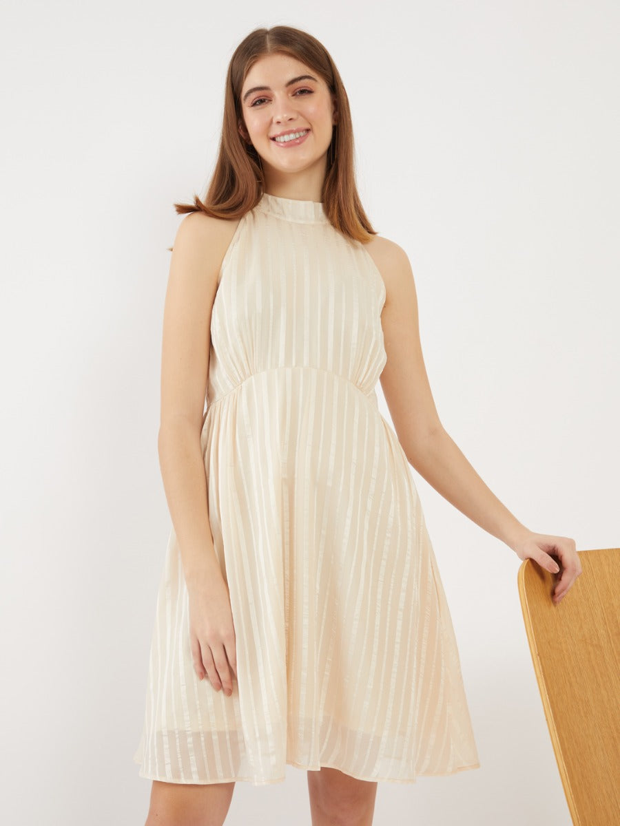 Off White Solid Gathered Short Dress