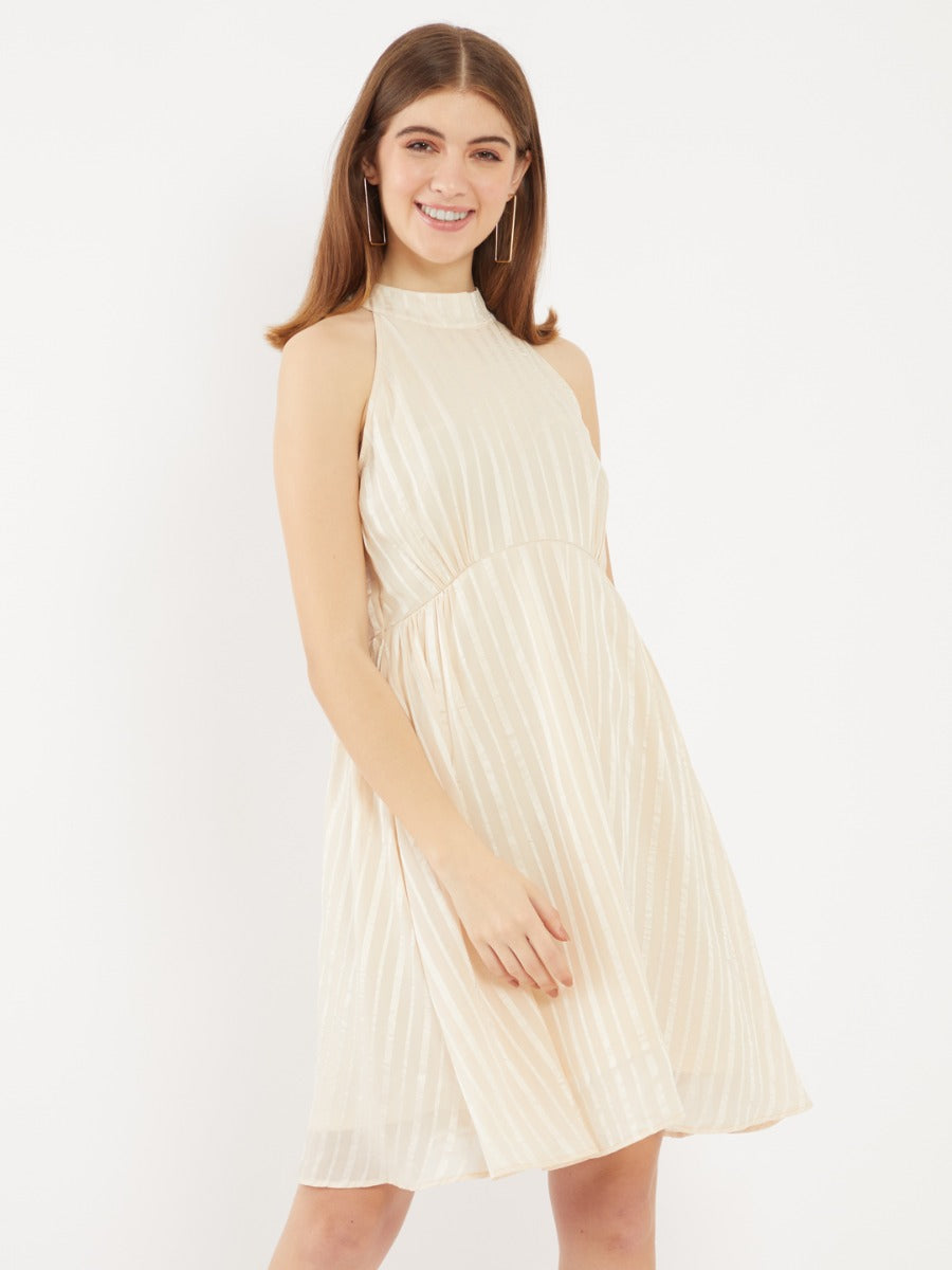 Off White Solid Gathered Short Dress