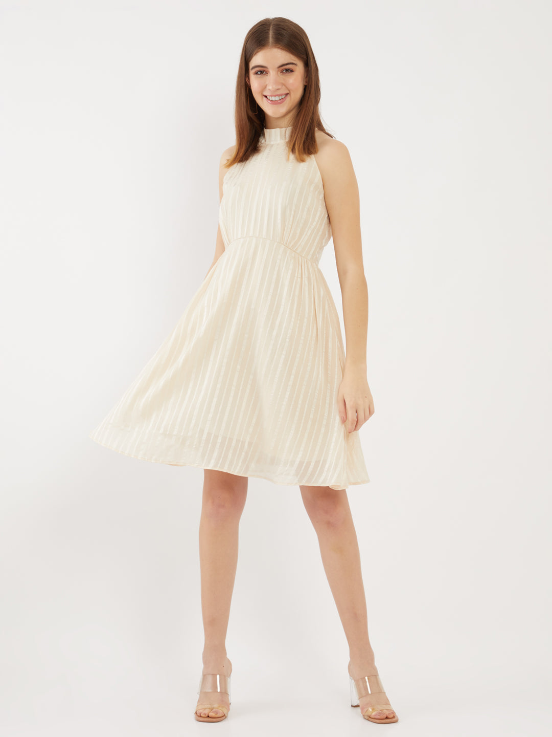 Off White Solid Gathered Short Dress