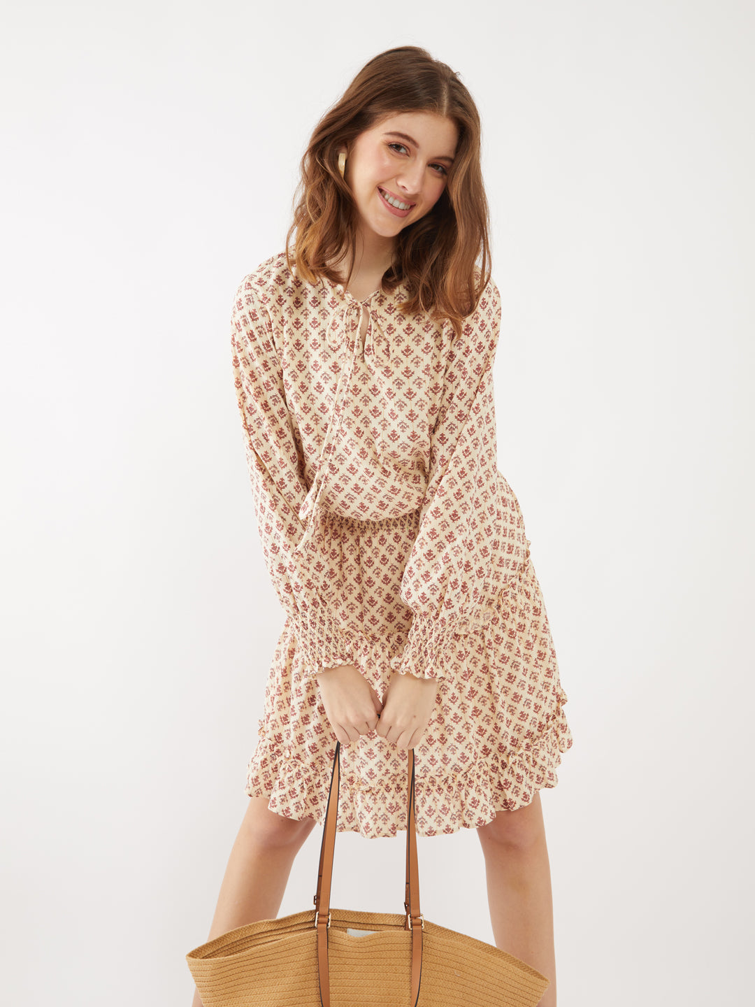 Beige Printed A-Line Short Dress