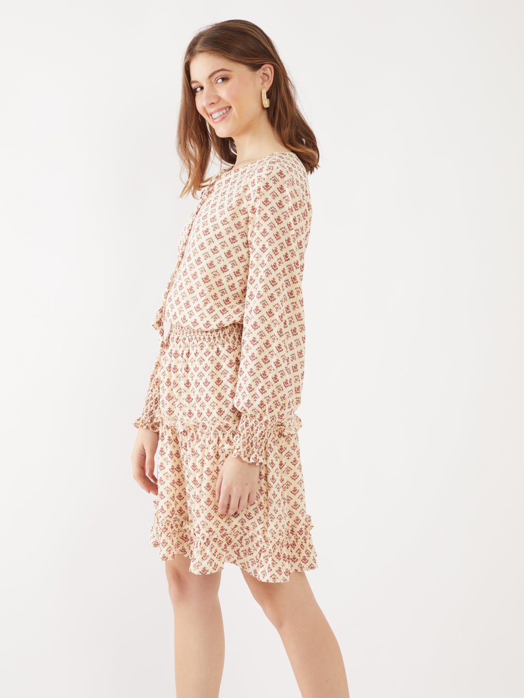 Beige Printed A-Line Short Dress