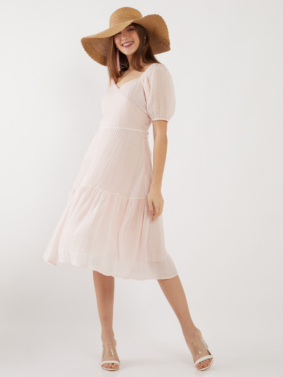 Pink Solid Puff Sleeve Midi Dress