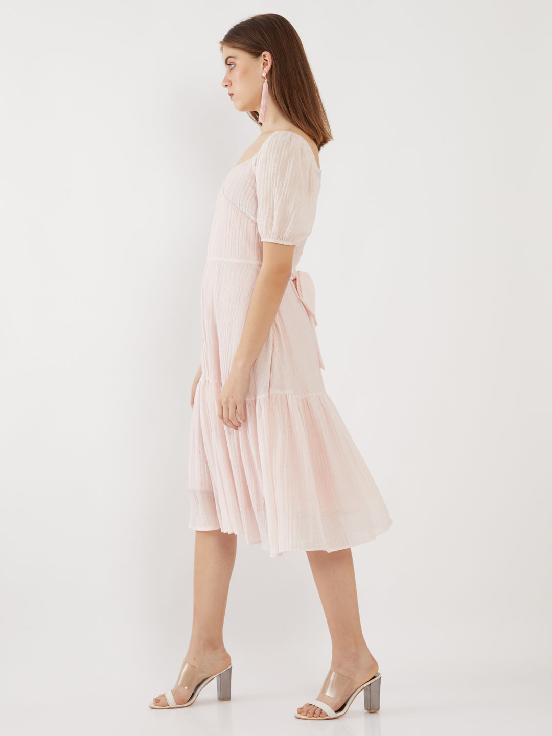 Pink Solid Puff Sleeve Midi Dress