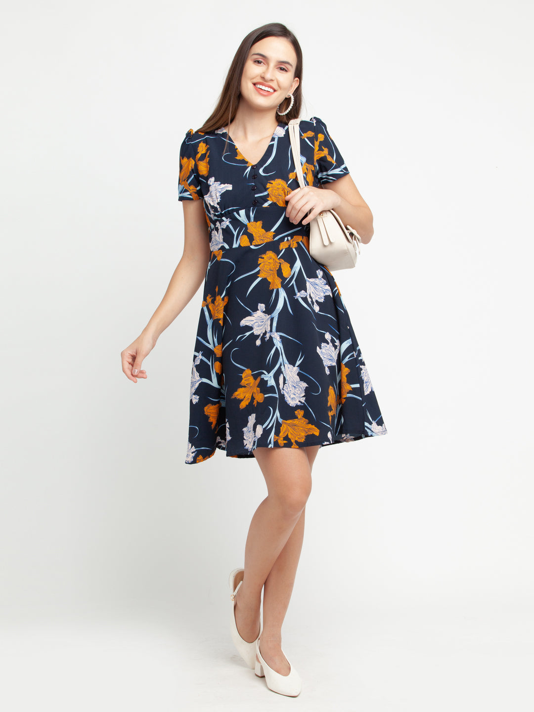 Blue Floral Print Puff Sleeve Short Dress