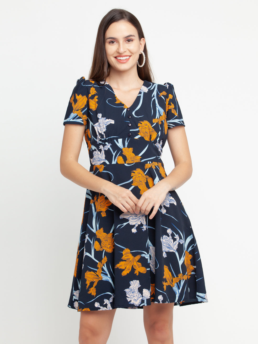 Blue Floral Print Women's Puff Sleeve Short Dress for Women