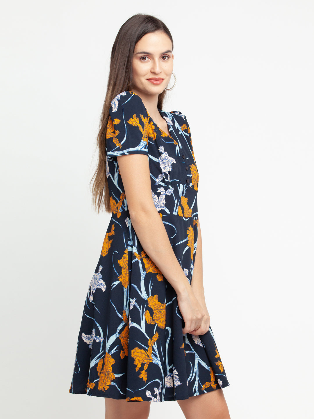 Blue Floral Print Puff Sleeve Short Dress