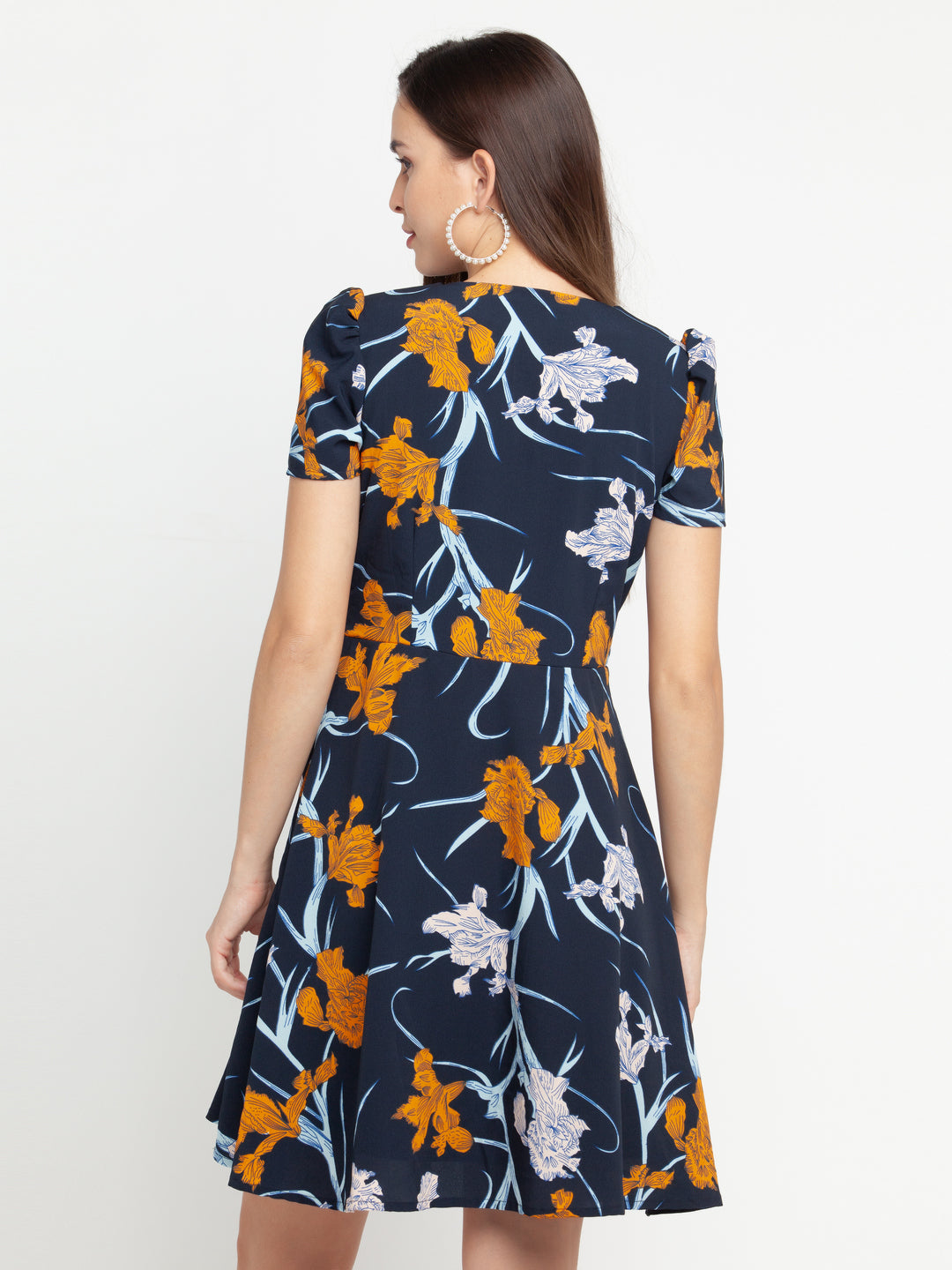 Blue Floral Print Women's Puff Sleeve Short Dress for Women