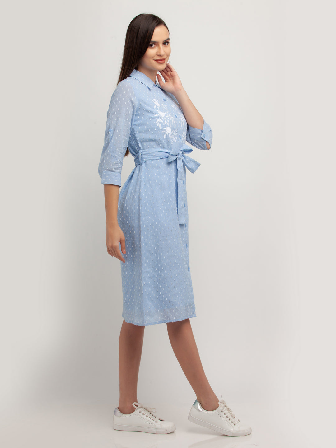 Blue Printed Long Sleeves Midi Dress For Women