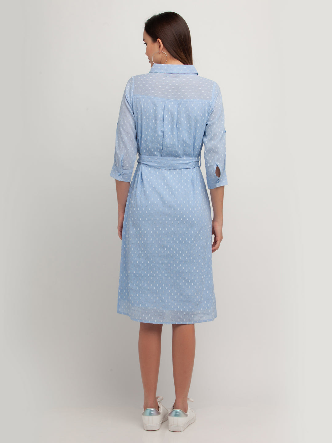Blue Printed Long Sleeves Midi Dress For Women