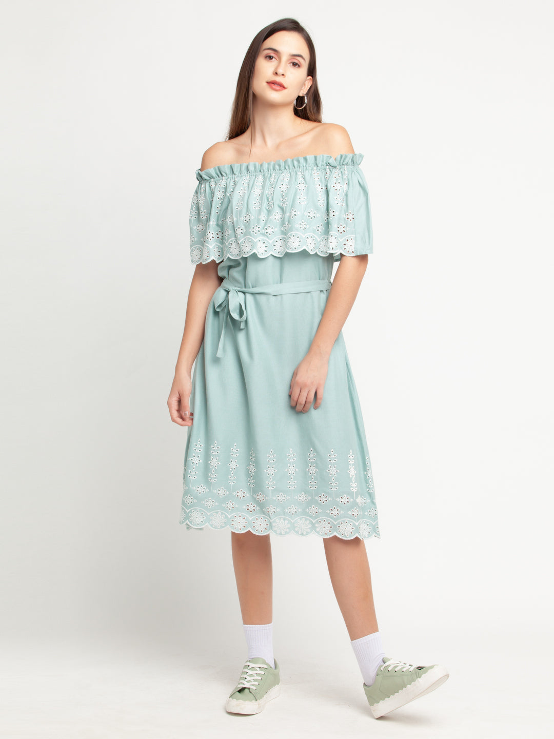 Blue Self Design Off-shoulder Midi Dress