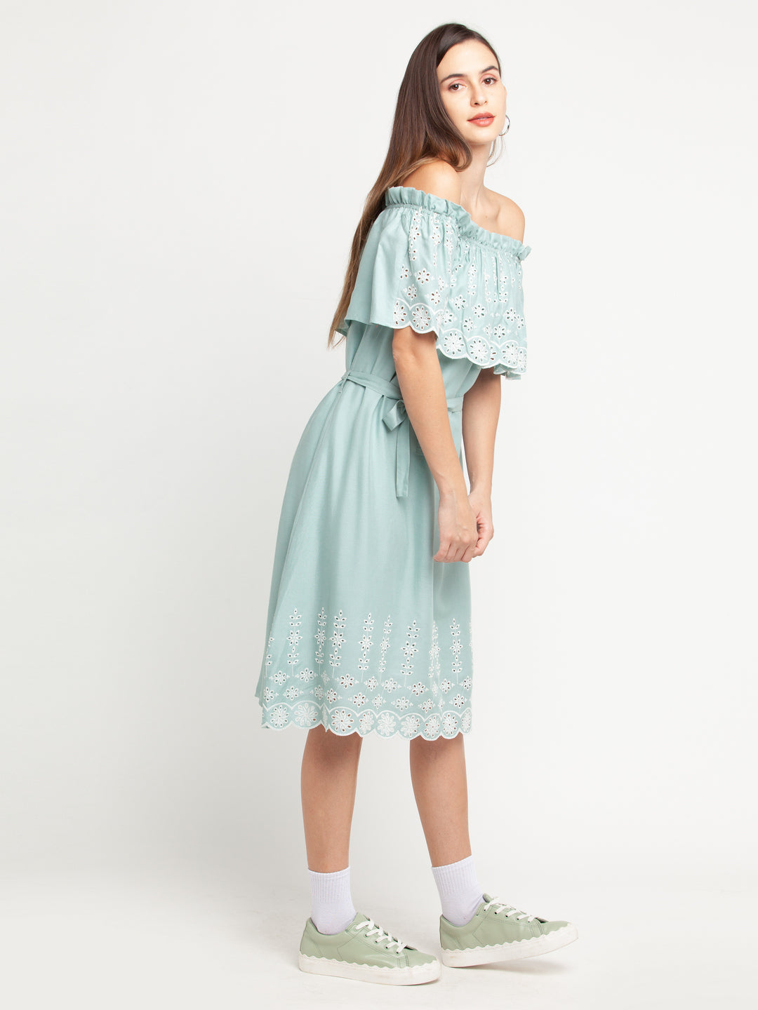 Blue Self Design Off-shoulder Midi Dress