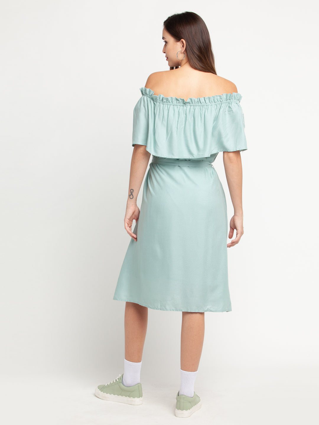 Blue Self Design Off-shoulder Midi Dress