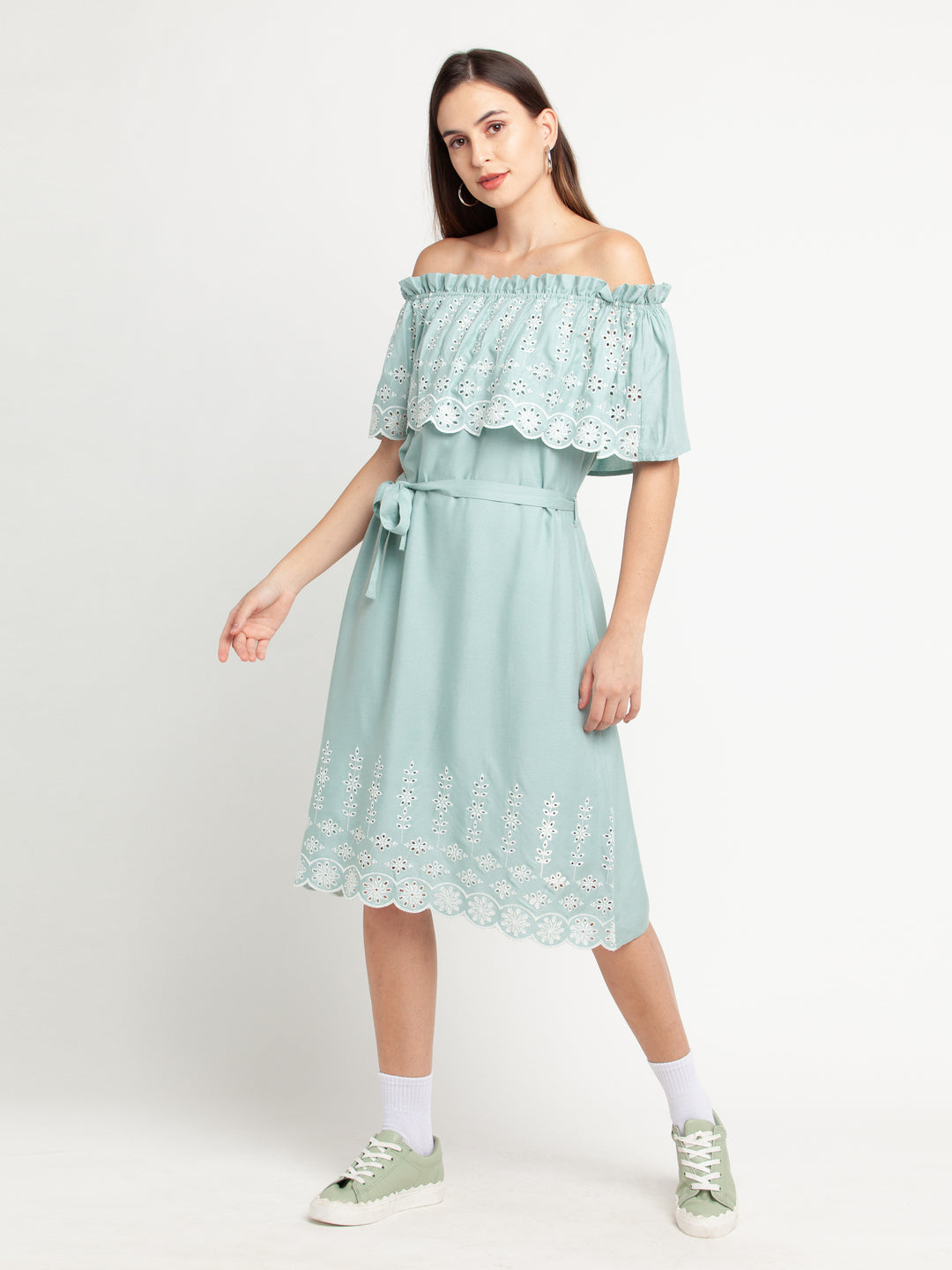 Blue Self Design Off-shoulder Midi Dress