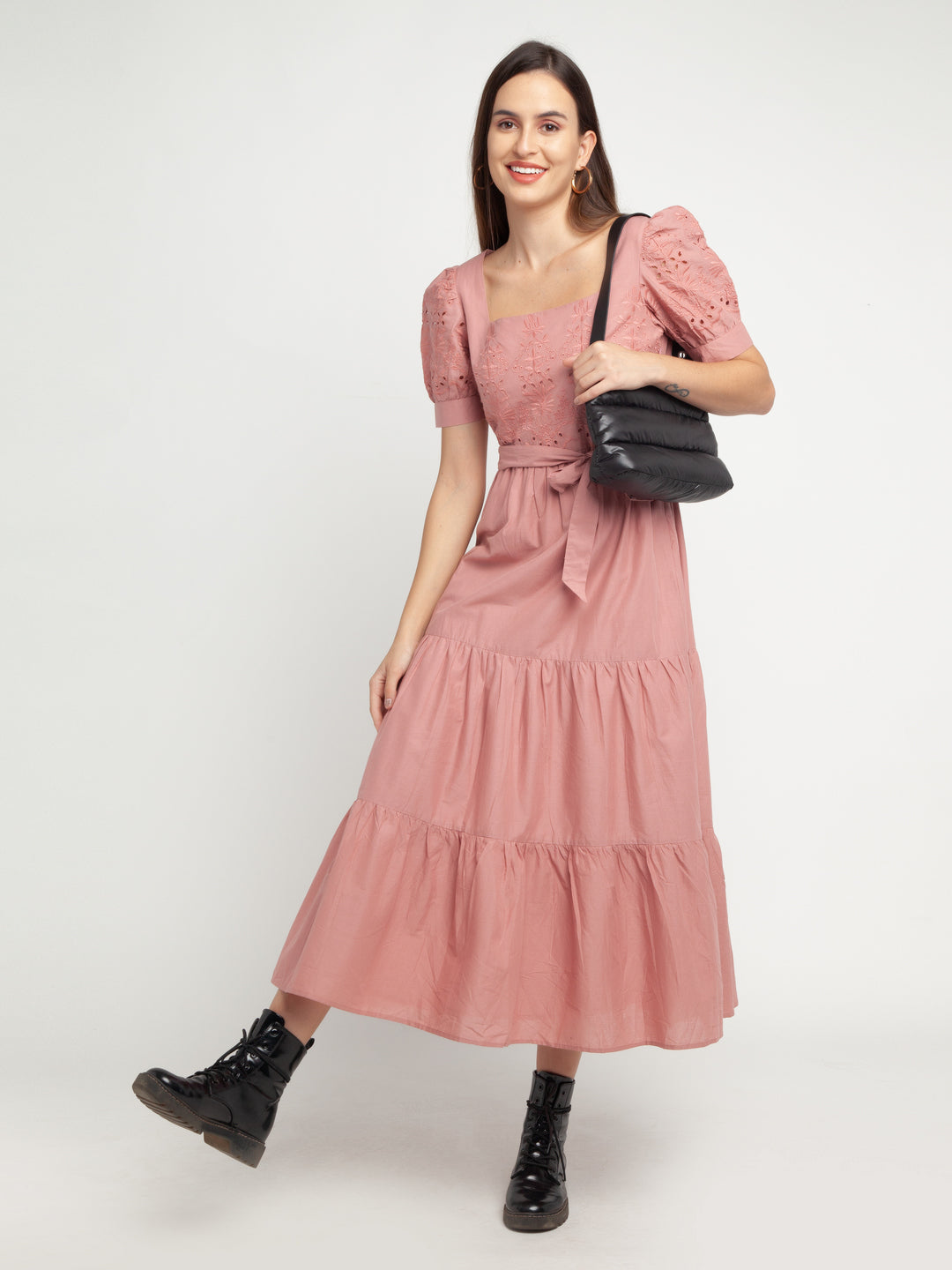 Pink Self Design Tiered Maxi Dress For Women