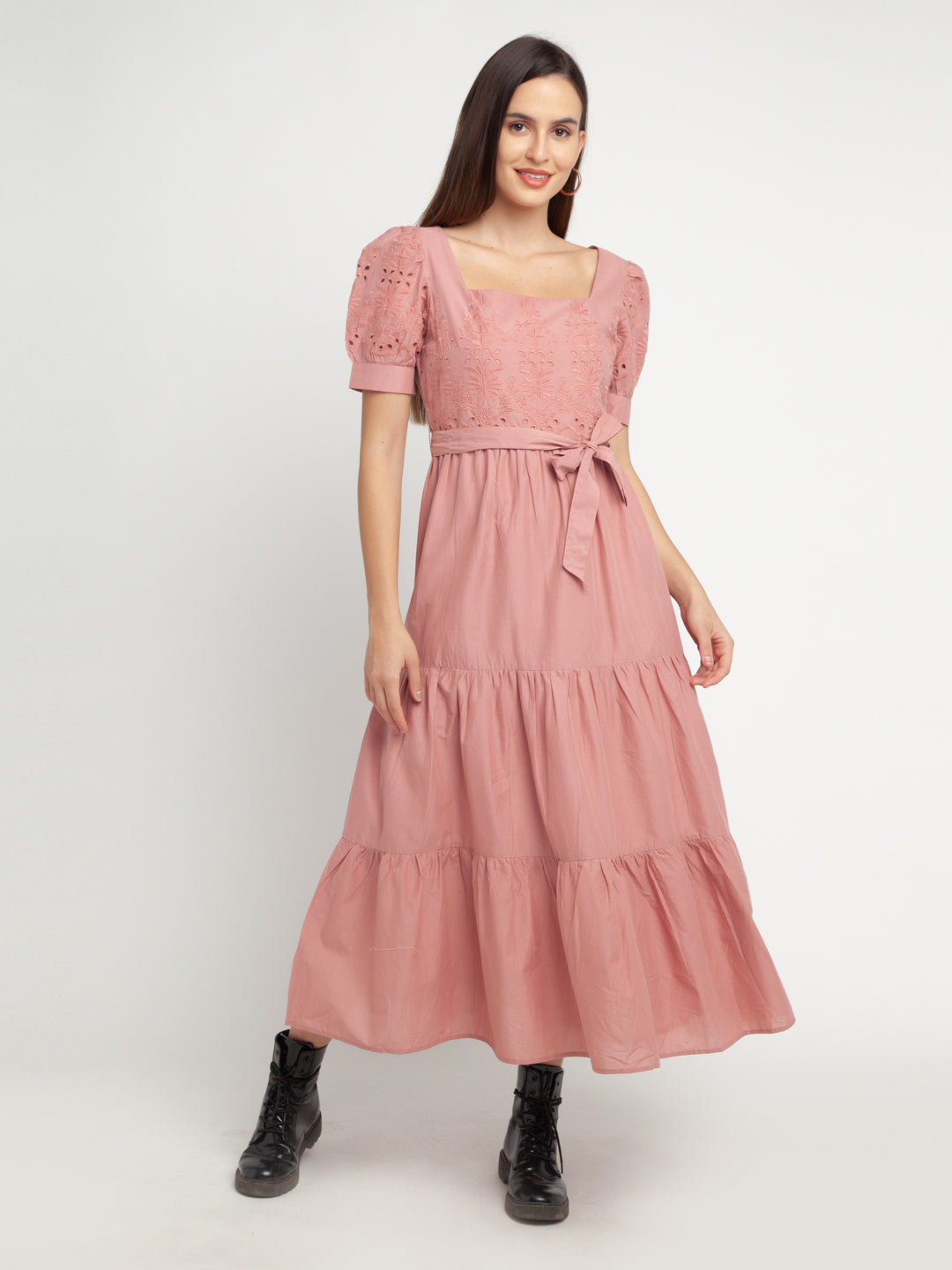 Pink Self Design Tiered Maxi Dress