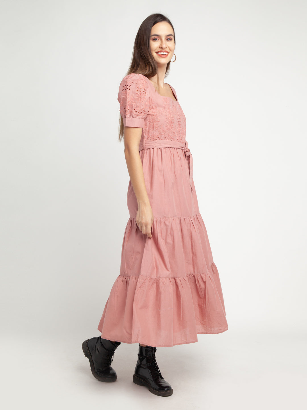 Pink Self Design Tiered Maxi Dress For Women