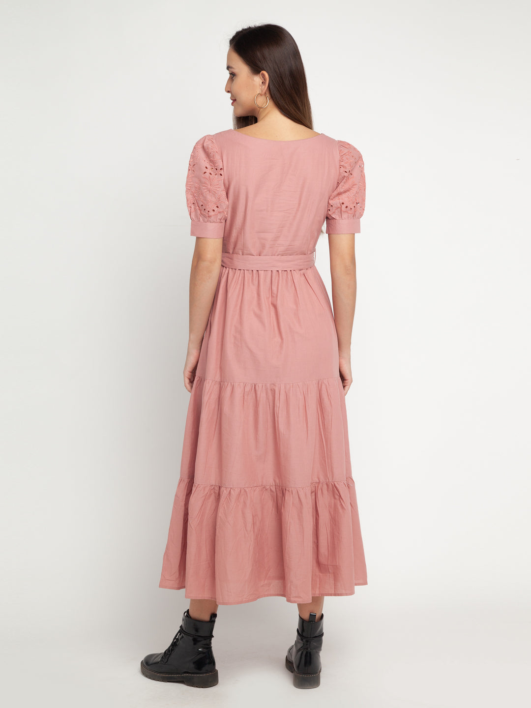 Pink Self Design Tiered Maxi Dress