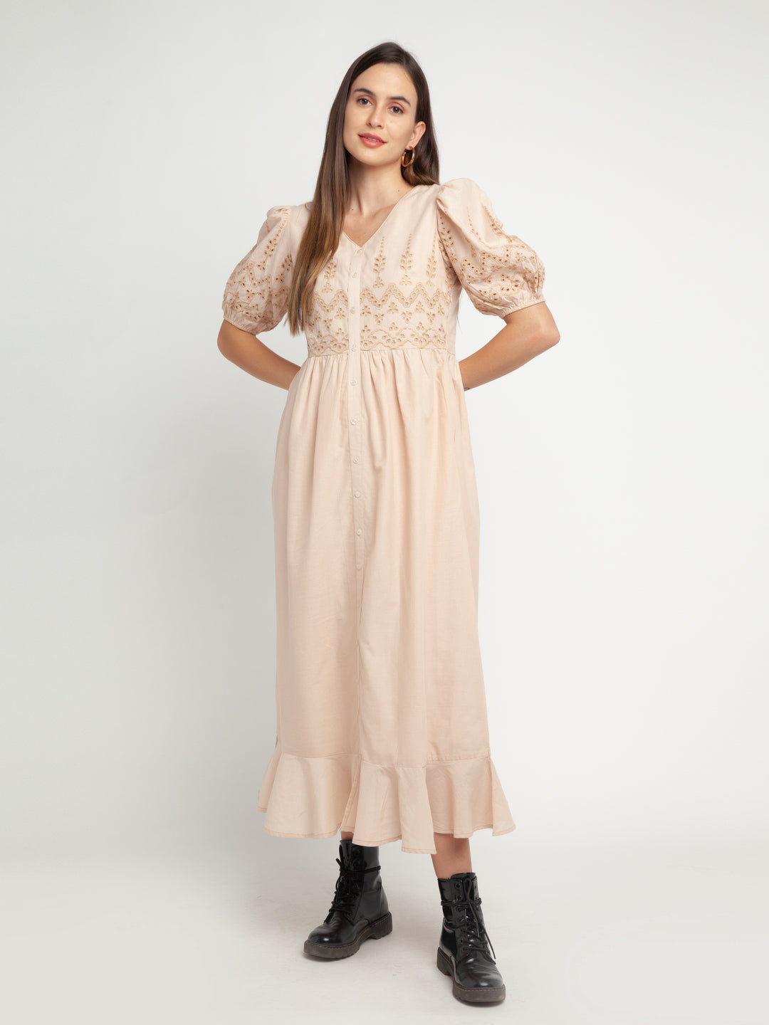 Beige Embroidered Shirt Dress Maxi Dress For Women