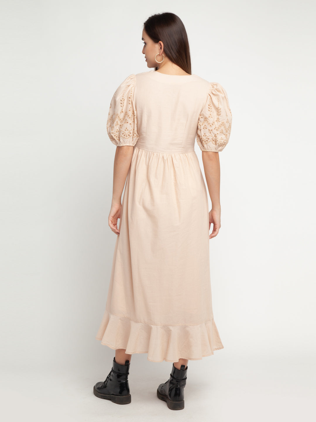 Beige Embroidered Shirt Dress Maxi Dress For Women