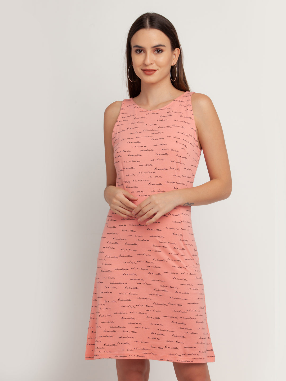 Peach Printed Sleeveless Short Dress For Women